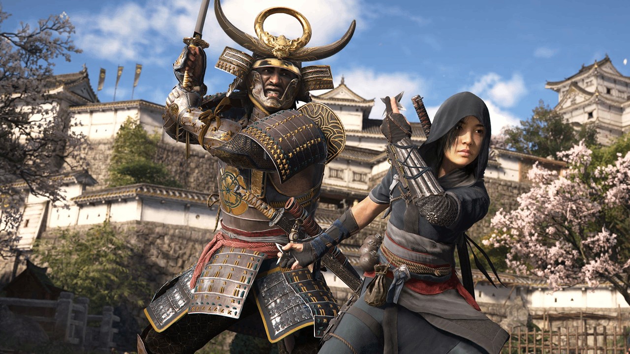 Yasuke and Naoe standing back-to-back in a misty Japanese forest, ready for combat.